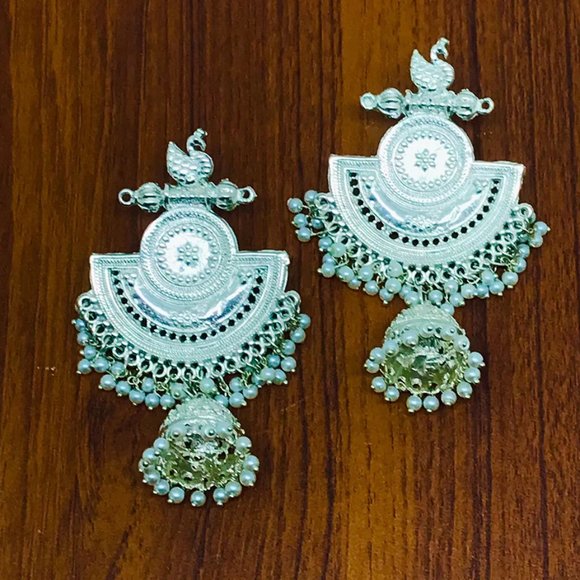 Massive Dangle Earrings, Oxidized Silver Indian Earrings, Handmade Silver Tone - Picture 2 of 8